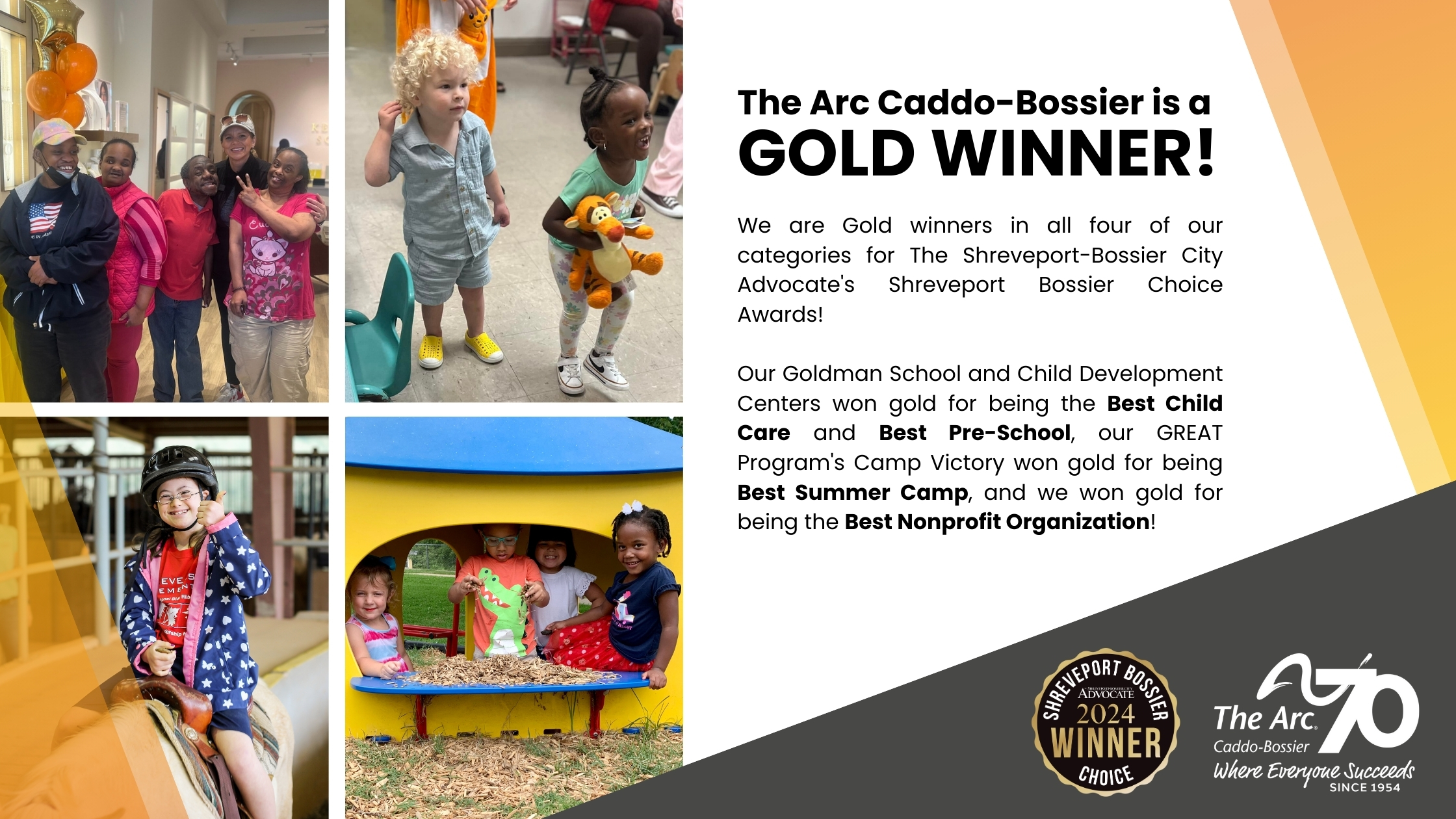 A photo announcing The Arc Caddo-Bossier as Gold winners.